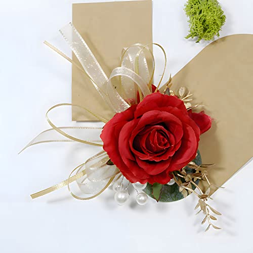 Bridal Wrist Corsage 2pcs Satin Rose Hand Flower for Wedding Bride Bridesmaid Mother Sisters Wristband for Prom, Homecoming, Quinceanera, Tea Party, Bridal Shower, Formal Dinner, Red - color: Red Wrist Corsage