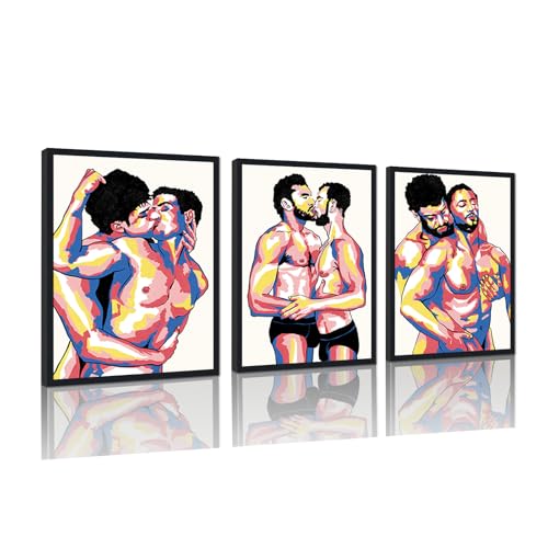 Gay Man Triptych Canvas Wall Art Male Couple Kiss Hug Posters Abstract Love LGBTQ Adult Men Prints Artwork Wall Decor for Apartment Bedroom Bathroom Hotel Bar Framed Ready to Hand 12x16inchx3pcs - color: Art08, size: 12x16x3Pcs Black Framed