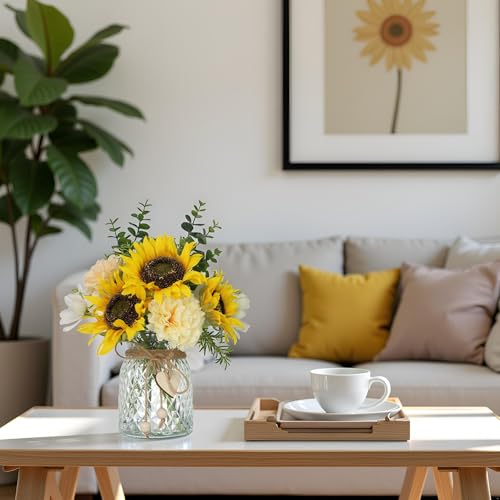 Fake Flowers in Vase,Artificial Sunflower Bouquets in Vase with a Flower Arrangement Holder,Table Centerpieces for Dining Room,Flower Centerpieces for Tables,Faux Flowers for Coffee Table Decor - color: Yellow
