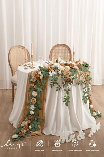 Ling's moment 9FT Spring Flower Garland for Backdrop Decorations - Wedding Arch Flowers, Eucalyptus & Rose, Artificial Floral Garland for Mantel - Sweetheart Table Decor for Reception, Beige Brown - color: Brn-beige & Brown