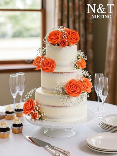 N&T NIETING Artificial Fall Flowers Fake Flowers Orange Roses Perfect for DIY Wedding Bridal Bouquets Centerpieces Bridal Shower Party Home Flower Arrangement Thanksgiving Decorations, 25Pcs - color: Burnt Orange, size: 25pcs