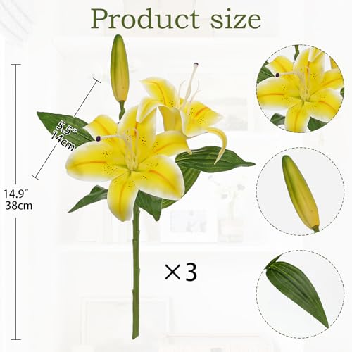 Artificial Tiger Lily Silk Flowers - 3 Pcs Faux Lily Flower 14.9" Fake Lilies Bouquets Faux Stargazer Lilies Stem with 6 Heads & 3 Buds for Indoor Outdoor Home Table Wedding Decor (Bright Yellow) - color: Bright Yellow