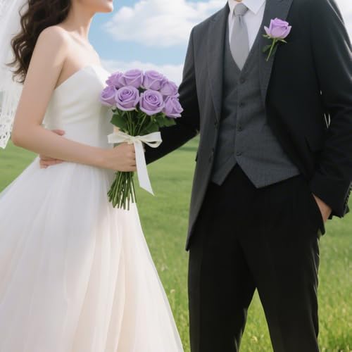 Jasion 12PCS Artificial Roses Realistic Velvet Silk Flowers Long Stem Faux Flowers Bouquet for Wedding Home Party Table Centerpieces Decorations (Light Purple) - color: 12pcs Light Purple