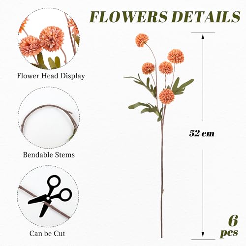 SITUMEIZI Orange Pompon Mum Artificial Flowers Faux Silk Mums Mini Chrysanthemum with Stems 6Pcs for DIY Orange Wedding Centerpieces Floral Arrangements - color: Orange