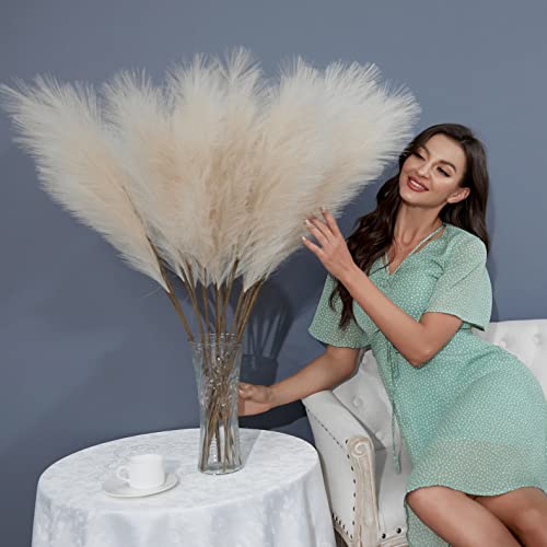 FOTEEWL 8 PCS Faux Pampas Grass Decor 38"/3.1FT Tall Fake Pompas Floral Large Artificial Pompous Grass Branches Plants for Floor Vase Filler Home Boho Decoration (Cream/Beige) - color: Beige