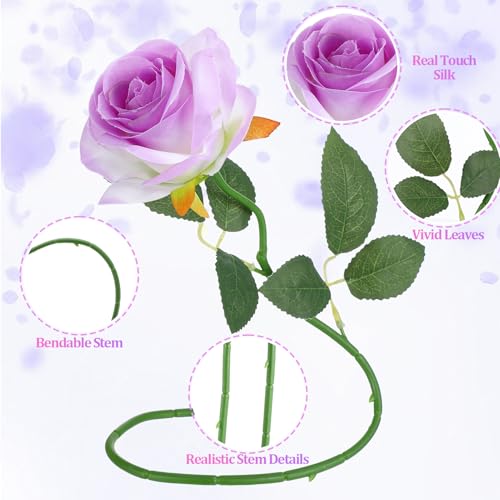 32 Pcs Light Purple Artificial Flowers Bulk, 20" Silk Gradient Blush Purple Real Touch Roses for DIY Wedding Bridal Valentine's Day Bouquets Centerpieces Home Decor - color: Purple