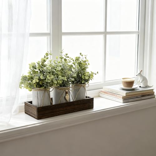 Artificial Flower Decorative Centerpiece, Frosty Green Eucalyptus Table Arrangement with 3 Rustic Metal Pots and Wood Tray for Farmhouse Home Décor - style: Eucalyptus