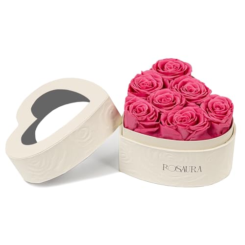 Rosaura Heart-Shaped Preserved Roses Gift Box - Real Forever Flowers for Christmas, Birthday, Valentine's & Mother's Day (pink, 7 roses) - color: Pink, size: 7 roses