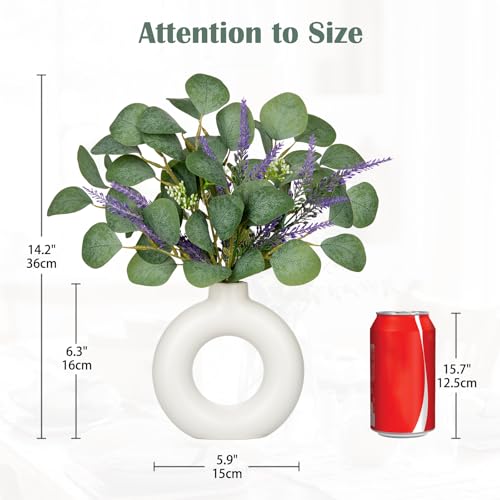 Artificial Eucalyptus Stems in Ceramic Vase 14.23" Fake Eucalyptus Plant Decor White Donut Vase with Greenery Centerpiece Table Decorations Small Faux Green Plant for Home Farmhouse Wedding Table - color: Whie