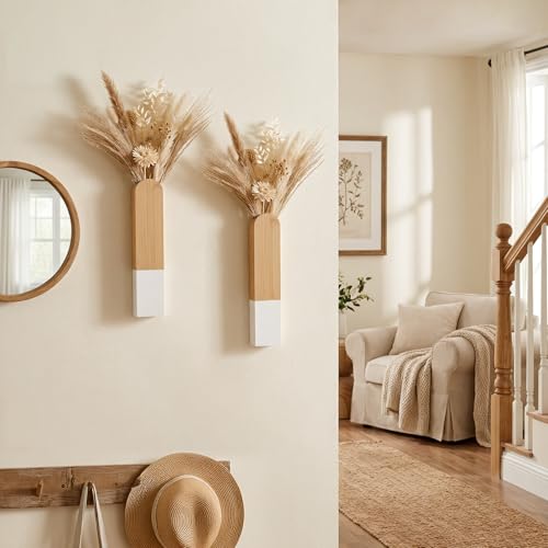 Modern Wood Wall Mounted Vase, White and Natural Wood, 11.8x2.6x1.6 Inches, Decorative Flower Holder for Bathroom Kitchen Farmhouse Dining Room - color: Natural and White