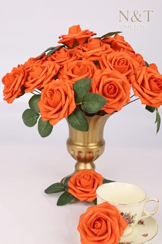 N&T NIETING Artificial Fall Flowers Fake Flowers Orange Roses Perfect for DIY Wedding Bridal Bouquets Centerpieces Bridal Shower Party Home Flower Arrangement Thanksgiving Decorations, 25Pcs - color: Burnt Orange, size: 25pcs