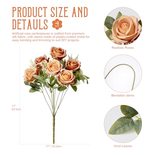 Fake Roses Burnt Orange Roses Artificial Roses Silk Roses Artificial Roses with Stems 24 Full Flower Heads Faux Roses for Outdoor Indoor Centerpieces home Wedding Farmhouse Decoration No Vase(4PCS) - color: Burnt Orange 4pcs