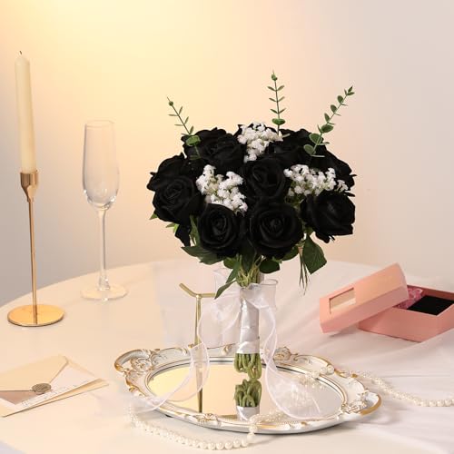 Hawesome 12PCS Artificial Flowers Fake Roses, Realistic Velvet Long Stem Red Roses Bouquet for Wedding Centerpiece Home Decor Party & Valentines (Black) - color: Black
