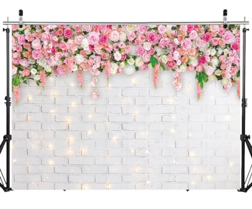 7x5FT White Brick Wall Flowers Backdrop Spring Theme Photography Background for Mother's Day Valentine Wedding Bridal Baby Shower Birthday Party Decor Banner Portrait Photo Booth Prop DH-270 ﻿ - size: 7X5FT