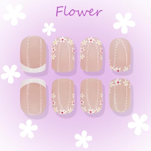 Flower Press on Nails Short Square Fake Nails Nude Pink False Nails with Flowers Border Designs Glossy Stick on Nails Glue on Nails Flower Nails Acrylic Nails for Women Girls 24 Pcs - color: Flower Square19
