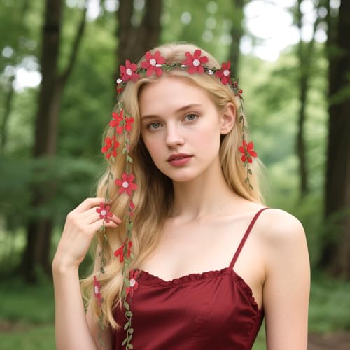 Red Fairy Flower Headpiece, Bohemian Vine Flower Crown with Daisy Floral, Handmade Forest Woodland Floral Headband for Women Renaissance Party Cosplay Costume Hair Accessories - color: Red