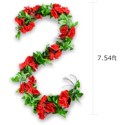 4Pcs Artificial Rose Vines Fake Flowers Garland with Green Leaves Faux Hanging Floral Plants for Bedroom Garden Patio Decor,Christmas Wedding Anniversary Birthday Party Decoration (Red) - color: Red, size: 4Pcs-large rose