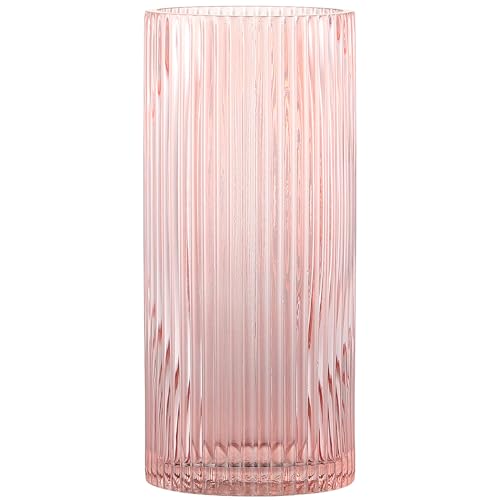 Pink Glass Vase for Flowers Ribbed Glass Vase, Pink Flower Vase, Tall Cylinder Glass Vases for Centerpieces, Living Room, Bedroom, Dining Table, Office, Wedding, Bookshelf Decoration,10 Inches - color: Pink, size: 10''
