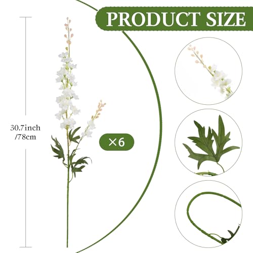 6 PCS White Delphinium Artificial Flowers, Long Stem Artificial Flowers with Bendable Stems, Silk Larkspur for Tall Vase Home Garden Wedding Table Decor - color: White
