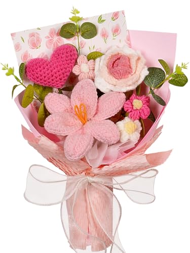 Crochet Flowers Bouquet - Crochet Tulips Roses Love Heart Daisies Knitted Flowers for Valentine's Day Anniversary Wedding Engagement Mother's Day Birthday Gifts Home Décor, Pink - color: Z: Pink - Love Heart