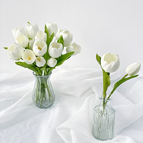 ZYTUYO 20 PCS Fake Tulips White Artificial Flowers 13" Real Touch Tulips Mix Tulip Bulbs Wedding Bouquet for Xmas Home Spring Flower Decor New Year Easter