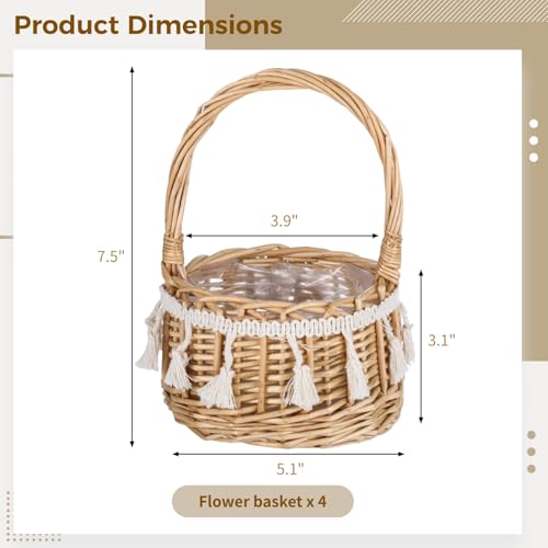 4 Pcs Flower Baskets with Handle, 5.1 x 7.5 Inches Wicker Rattan Lightweight Floral Baskets for Gardening Festival Parties