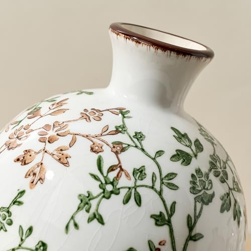 5.98" Ceramic Flower Decorative Antique Vase, Vintage Rustic Chinoiserie Floral Vase for Home Decor, Living Room, Bookshelf, Office, Entryway, Garden, Tuscan Decor, Chinoiserie Decor - color: Green and Beige- 5.98"