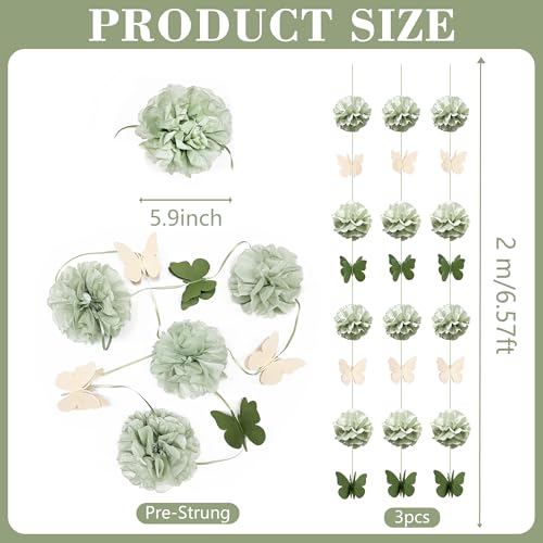 Sage Green Party Decorations Tissue Flowers Pom Pom Olive Green Beige 3D Butterfly Hanging Paper Garland Streamer Banner for Spring Themed Birthday Baby Shower Wedding Tea Party Home Decor Supplies - color: dusty green butterfly