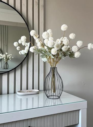 Laelfe Artificial Kiku Flower White - 5 Pcs Fake Pompon Mums Silk Small Chrysanthemum Faux Ball Fall Flower Stem Decor for Autumn Wedding Filler DIY Bouquet Centerpieces Arrangements Shower - color: Off White