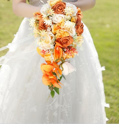 10.2 Inch Cascading Bridal Bouquet for Bride Artificial Orange Rose Flower Fall Cascade Bridal Bride Wedding Bouquet Flower Wedding Orange and Champagne - color: Orange & Champagne