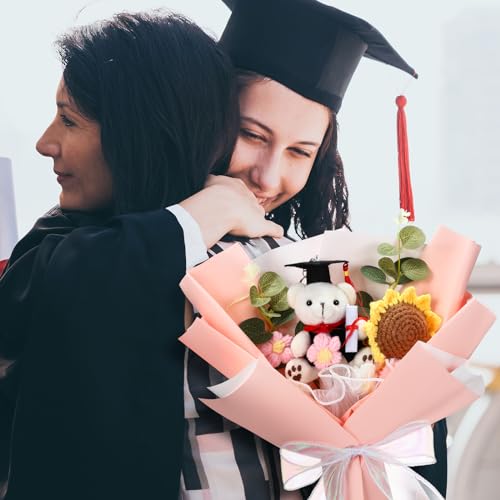Graduation Crochet Flower Bouquet Set Includes Stuffed Bear Knitted Sunflower Daisy Eucalyptus Greeting Card Gift Bag 2026 Pink Flower Bouquet Graduation Gift - color: Pink, style: Stuffed Bear and Sunflowers