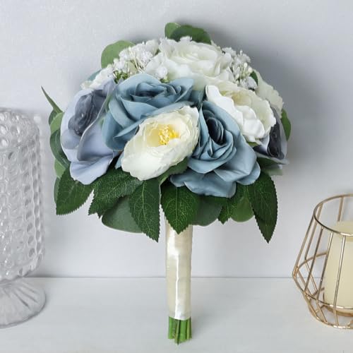 Wedding Bouquets for Bride, 11 Inch Bridesmaids Bouquets Artificial Flower Bouquets for Wedding Ceremony Bridal Shower Decorations - Dusty Blue & White - color: Dusty Blue & White