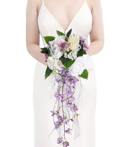 Bridal Bouquet,9 Inch Wedding Bouquets Purple and White Fake Wedding Silk Flowers for Ceremony Anniversary Brides Shower(Purple) - color: Purple