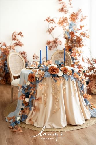 Ling's moment 9FT Eucalyptus & Willow Leaf Garland with White Flower, Handcrafted Wedding Sweetheart Table Centerpieces Head Table Decor Arch Backdrop Decorations for Wedding | Burnt Orange & Denim - color: Or-russet Orange & Denim Blue