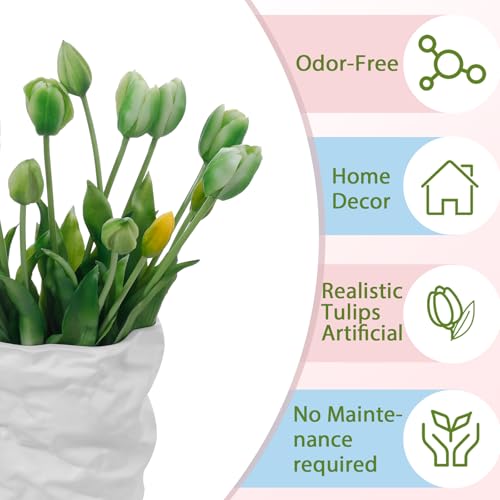 15 Pcs Green Artificial Tulips Fake Flowers, Premium Latex Lifelike Texture, UV Resistant Waterproof Faux Tulip Bouquets with Snap-on Petals for Outdoor, Home, Wedding Decor - color: Green