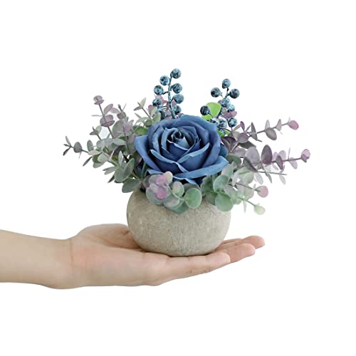 Small Artificial Blue Rose Potted Plant, 6" Fake Silk Flowers in 3.5" Round Pot, Mini Faux Floral Arrangement for Desk Shelf Bathroom Decor - color: Blue