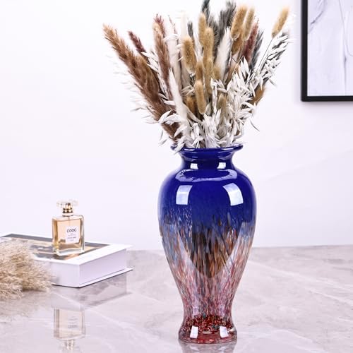 11.8" Tall Blown Blue Glass Vase, Colorful Opaque Glass Vase, Unique Design Wide Mouth Art Decoration for Home, Living Room, Dining Table, Pampas Grass Decor (Blue) - color: Blue