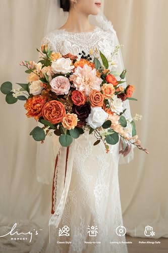 Ling's moment Terracotta Wedding Bouquets for Bride, Burnt Orange Bridal Bouquets for Bride, 15 Inch Free Form Artificial Wedding Flower Bouquet - color: Or-sunset Terracotta, size: Medium 15 Inch