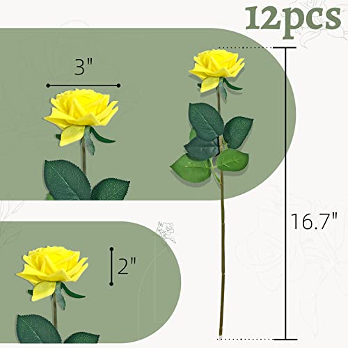 ZMZQ&flw Real Touch Silk Roses Artificial Flowers for Decoration, Realistic Single Fake Flower with Individual Stems Leaves 12PCS, Yellow - color: Yellow 12pcs