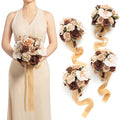 Ling's moment Artificial Bridesmaid Bouquets Set of 4,Brown Wedding Flower Bouquets Beige Floral Bouquet Bridal Bouquets with Ribbon Ceremony Anniversary,7-inch Diameter - color: Walnut Brown