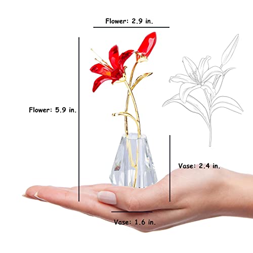 YWHL Crystal Lily Flower Figurine with Vase, Handmade Red Lily Flower Gifts for Woman, Wedding Gifts for Couple, Home Party Decorations - color: Red