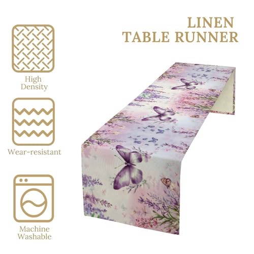 Butterfly Table Runner,Spring Purple Lavender Floral Table Runner for Holiday Kitchen Living Room Home Party Decor 13x36 Inch - color: Butterfly-12, size: 13x36in