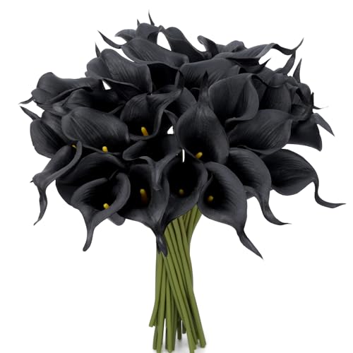 24 Pcs Black Artificial Calla Lily Flowers Fake Black Silk Flowers Real Touch for Wedding Bouquet Office Home Kitchen Decor - color: Black