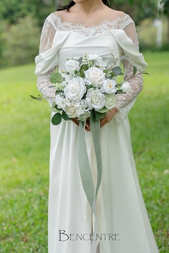 10 Inch White&Greenery Bridal Bouquet,Wedding Bouquet,Bride Bouquets for Wedding Ceremony Anniversary, Party and French Rustic Vintage Wedding,Artificial Flowers… - color: White & Greenery, size: 10 Inch