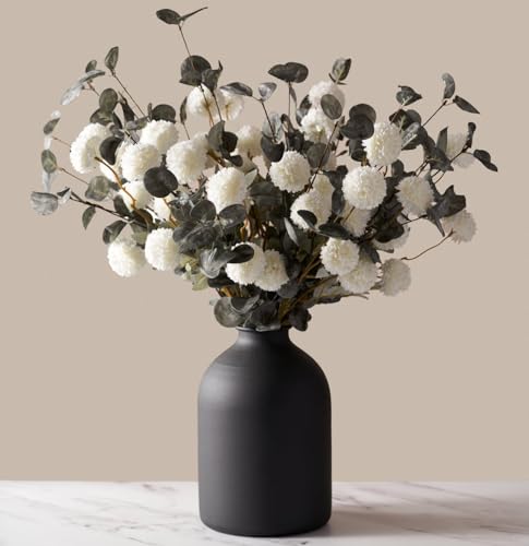 Laelfe 10 Kiku Artificial Flowers + 5 Large Eucalyptus Branches, Silk Fake White Flowers Pompon Mums (Ball Flower Stems) - Decor for Home, Centerpieces & Shower Arrangements(Vase not Included) - color: 10 Kiku+5 Eucalyptus