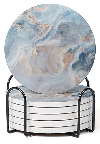 Set of 6 Abstract Blue Marble Coasters with Holder, Absorbent Ceramic Coasters for Drinks, Coasters with Cork Backing for Table Protection, Housewarming Gifts for New Home - color: Abstract Blue Marble