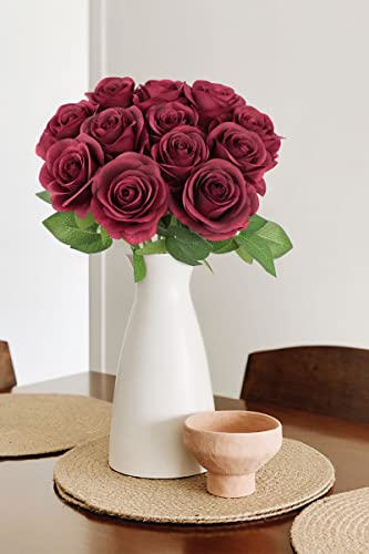 JUSMAI 12pcs Roses Artificial Flowers Fake Flowers with Long Stems Burgundy Silk Flowers for Wedding Bouquet Centerpices Decorations Party Bridal Baby Shower Home Decor - color: Burgundy, size: 12PCS