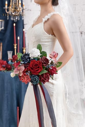 TINGE TIME 9 inch Bridal Bouquets for Bride, Artificial Silk Flowers Tossing Bouquet, Bride Bouquets for Wedding,Ceremony, Anniversary (Red&NavyBlue) - color: Red & Navy Blue