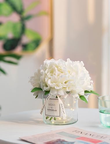 BLOSMON Fake Flowers in Vase for Table: White Artificial Hydrangea with Glass Vase LED Light for Centerpieces Decor - Small Faux Arrangements Desk Vanity Bathroom Office Decoration - color: White