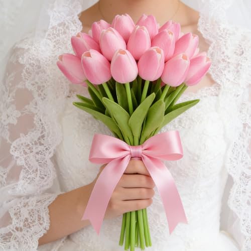 Artificial Tulips Bridal Wedding Festival Decor Bouquet Real Touch PU Flower Bouquet Pack of 20 (Pink) - color: Pink